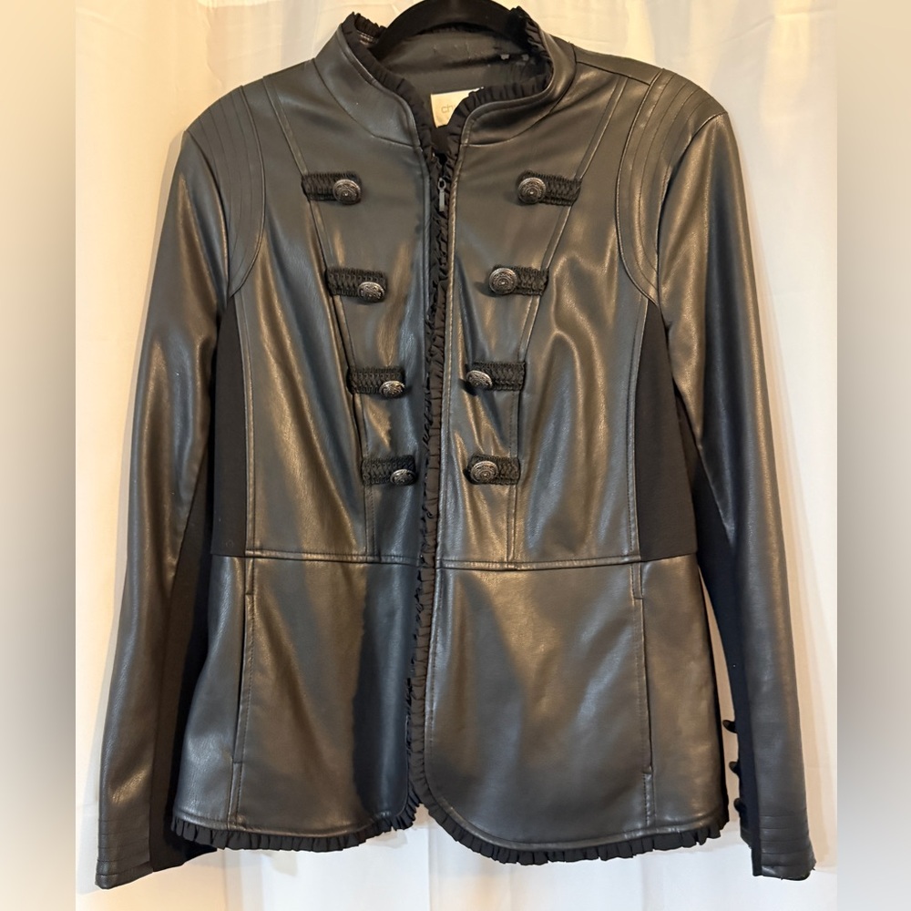 Chicos Faux Leather Military Jacket Black Size Medium Stretch Panels - Picture 3 of 12